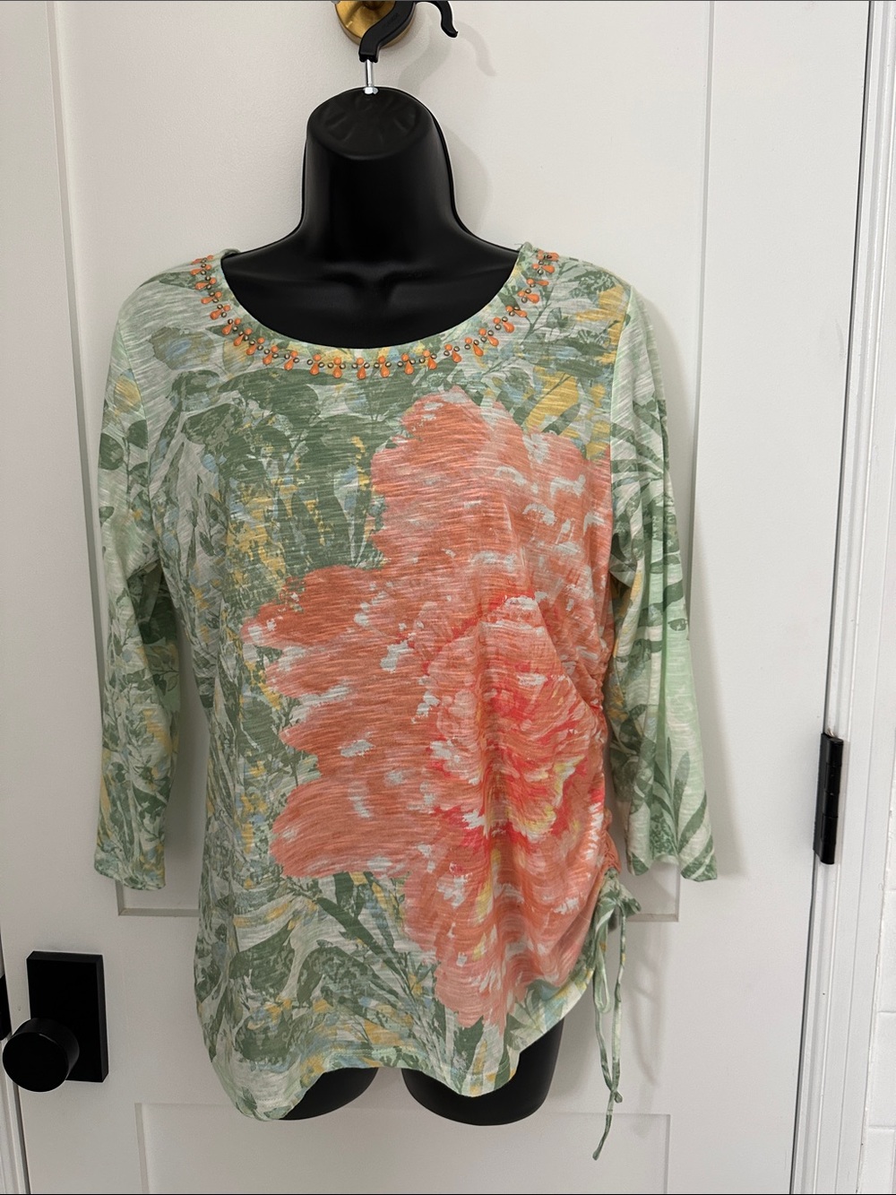 Ruby Rd. Mint Green Long Sleeve Tee with Coral Floral Print